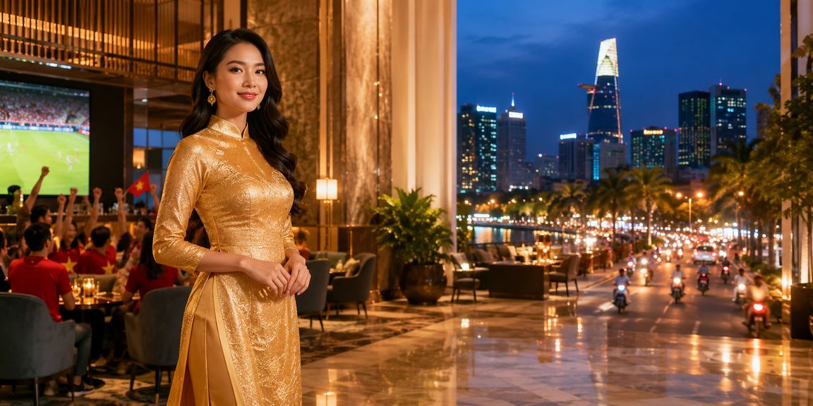 Người phụ nữ mặc áo dài tại TP.HCM sử dụng điện thoại để xem thông tin cược và tiền thưởng trực tuyến